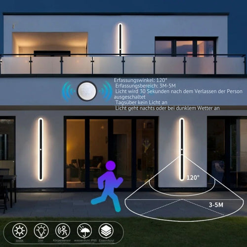 EcoGlanz - Wandleuchte Schwarz für Außen mit Bewegungsmelder und LED Beleuchtung