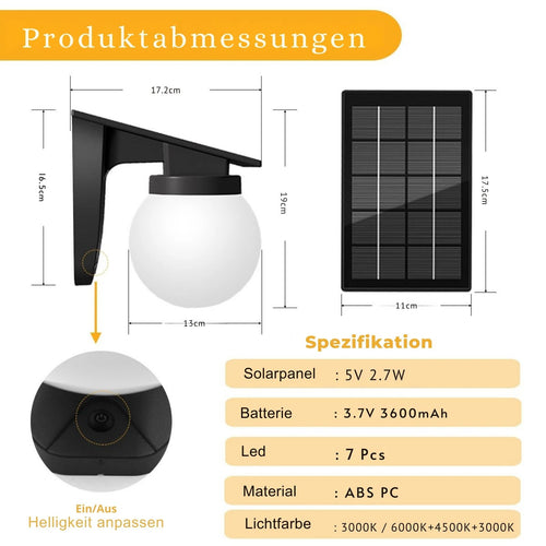 SunAura - LED Solar Wandleuchte für Außenbereiche mit Verstellbarer Helligkeit