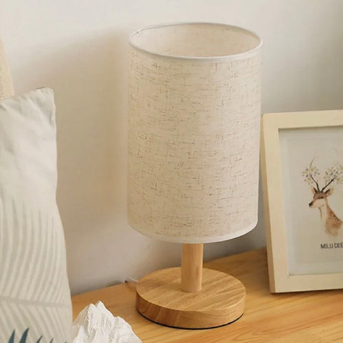 SchlummerGlühn - Moderne LED Tischlampe aus Holz und Leinen für Nachttisch & Schreibtisch, dimmbar mit 3 Lichtfarben