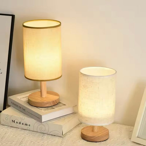 SchlummerGlühn - Moderne LED Tischlampe aus Holz und Leinen für Nachttisch & Schreibtisch, dimmbar mit 3 Lichtfarben