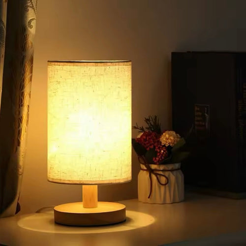 SchlummerGlühn - Moderne LED Tischlampe aus Holz und Leinen für Nachttisch & Schreibtisch, dimmbar mit 3 Lichtfarben